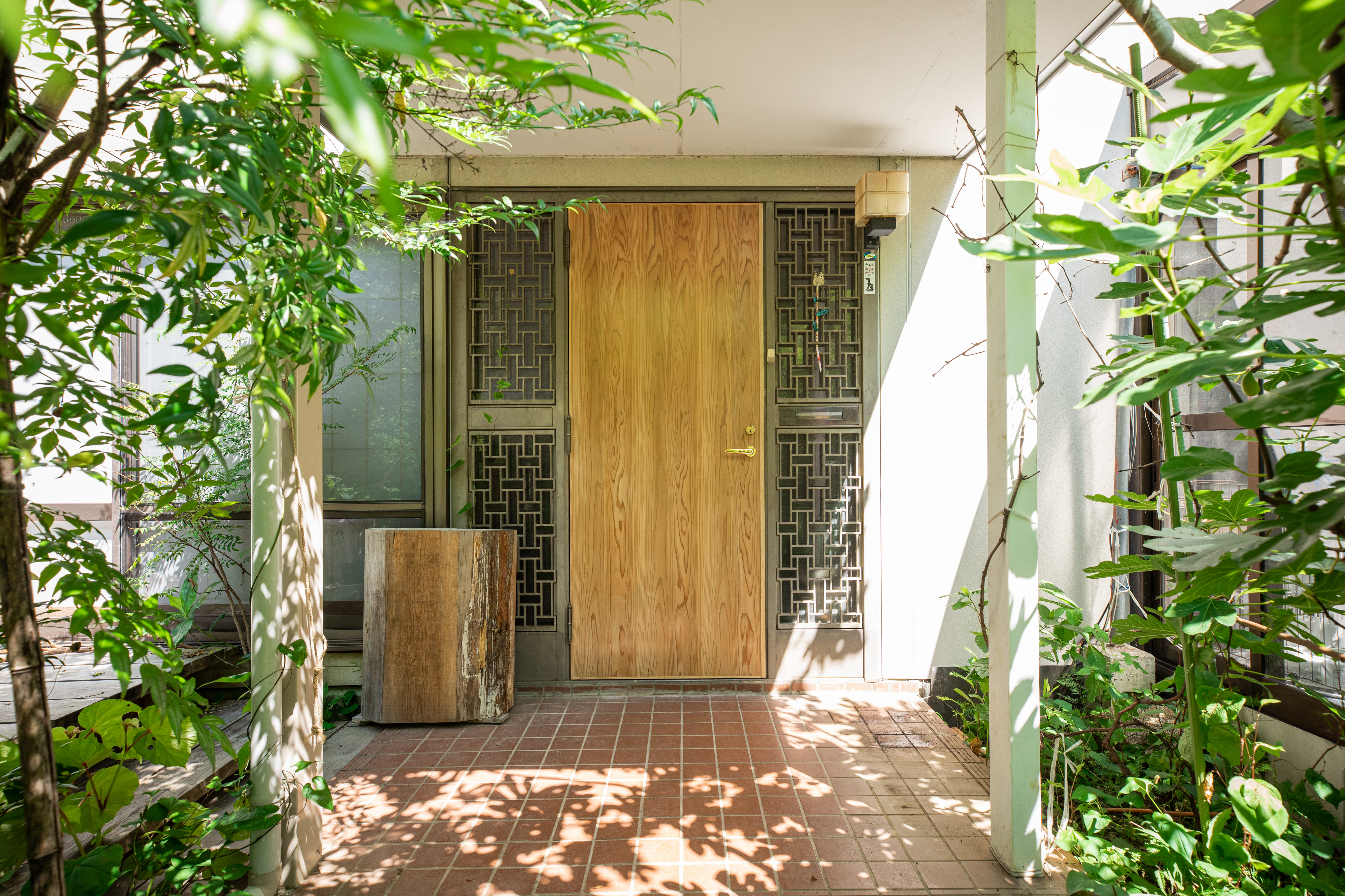 自宅玄関外観緑に囲まれた木の玄関ドア